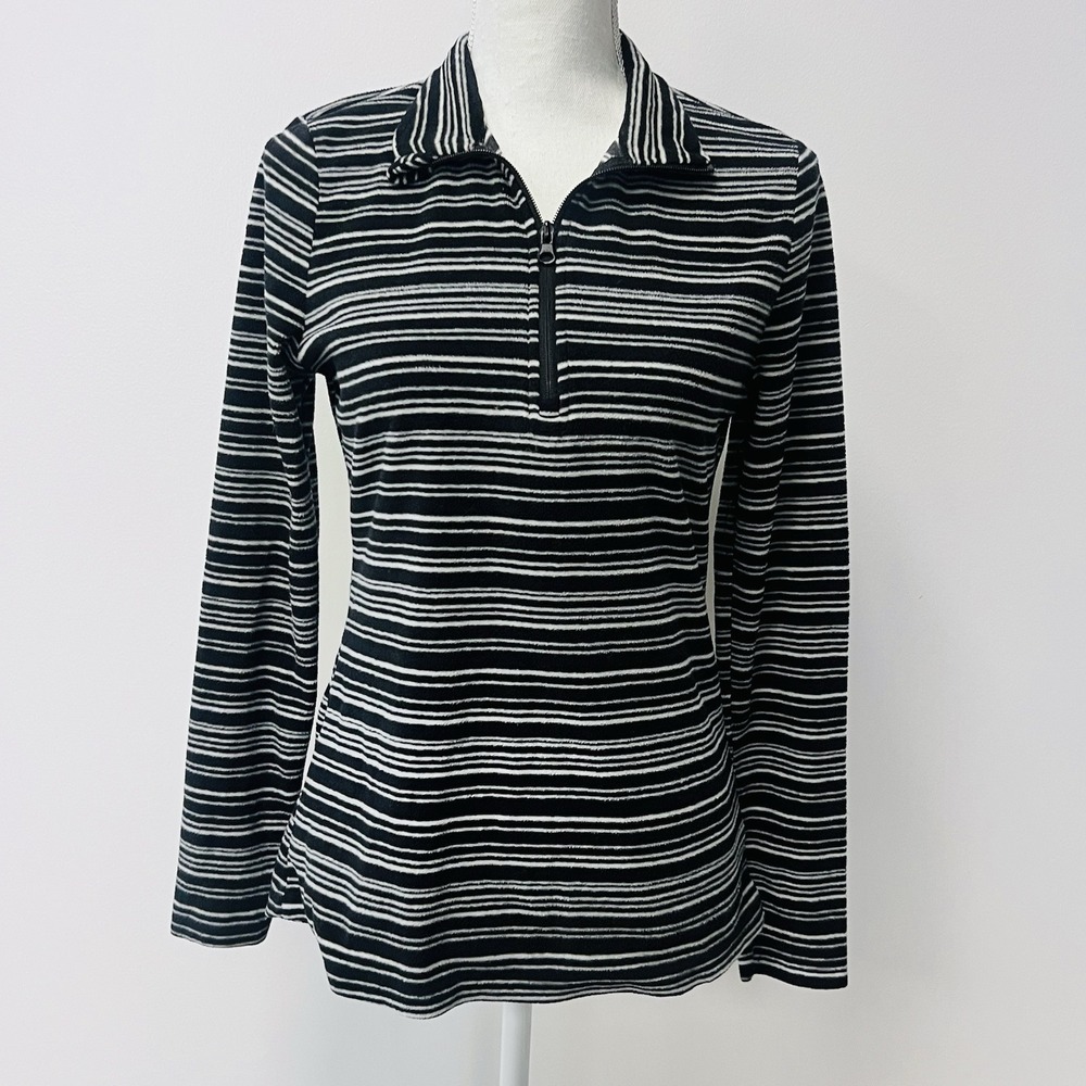 Black/ White Striped Velour Long Sleeve Mock Neck Zip Up By Eddie Bauer Small